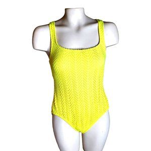 Catalina 1 piece swim suit sz 14 Crochet look Bright Yellow high cut lined Vtg